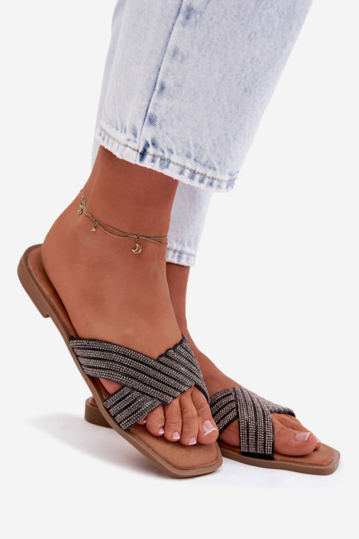 Chinelos femininos com salto largo com olhos brilhantes cor preta Zinnia