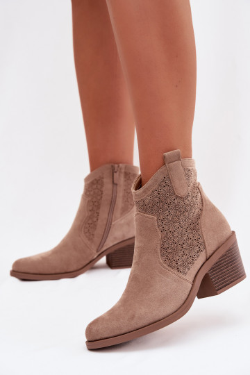 Botinhas femininas de renda com saltos S.Barski HY61-8013, cor areia