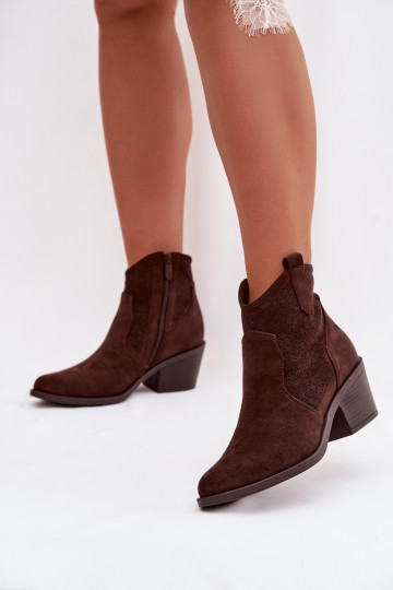 Botinhas femininas de renda com saltos S.Barski HY61-8013, cor chocolate