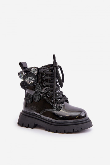 aquecimento Botas Infantil Com Urso Casal o castelo com efeito verniz cor preta Relobia