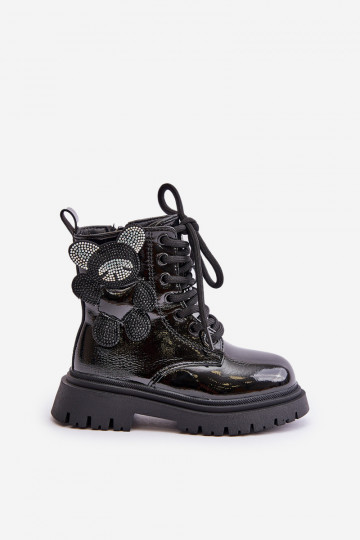 aquecimento Botas Infantil Com Urso Casal o castelo com efeito verniz cor preta Relobia 2