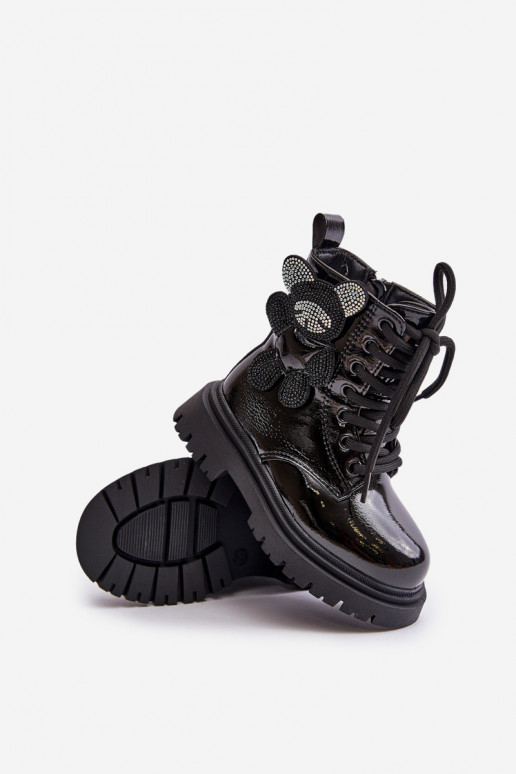 aquecimento Botas Infantil Com Urso Casal o castelo com efeito verniz cor preta Relobia