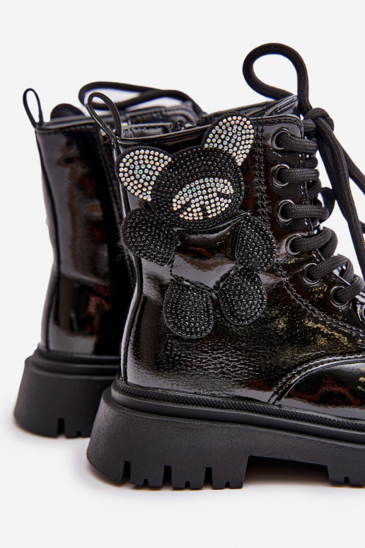 aquecimento Botas Infantil Com Urso Casal o castelo com efeito verniz cor preta Relobia