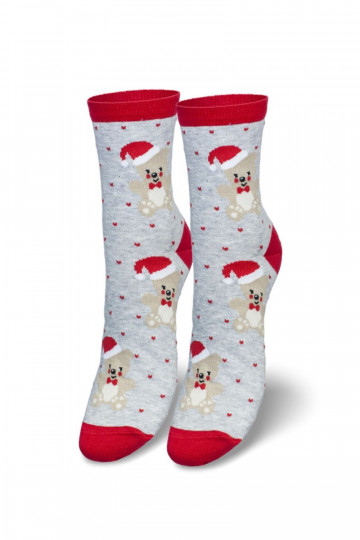 Meias de Natal femininas com ursinhos e Papai Noel cor cinza