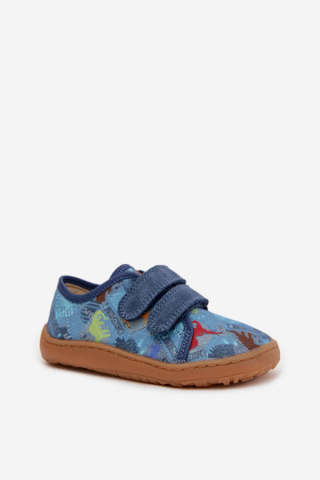Chinelos infantis Barefoot com dinossauros Froddo Canvas G1700440-15 cor azul