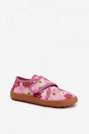 Chinelos infantis com fechos adesivos Barefoot com flores Froddo G1700438-8 cor rosa