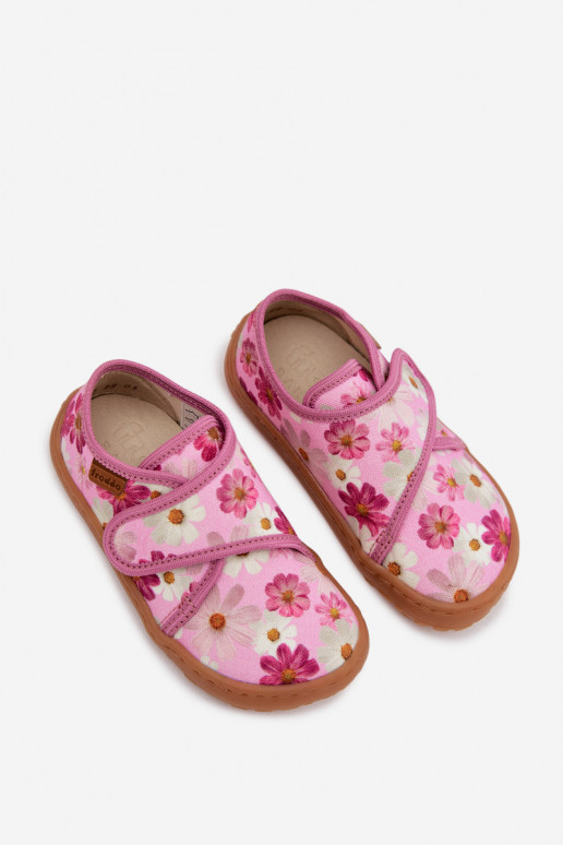 Chinelos Infantil Infantil com fixadores adesivos Barefoot com flores Froddo G1700438-8 cor rosa