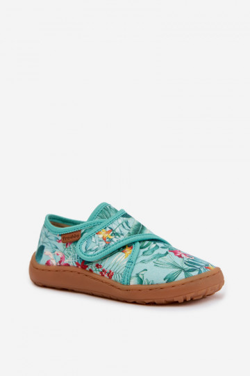 Chinelos infantis com fechos adesivos Barefoot com motivos florais e folhas Froddo G1700438-14 cor verde menta