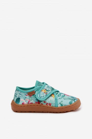 Chinelos infantis com fechos adesivos Barefoot com motivos florais e folhas Froddo G1700438-14 cor verde menta 2