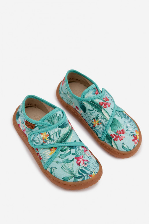 Chinelos Infantil com fixadores adesivos Barefoot com motivos florais Liście Froddo G1700438-14 cor menta