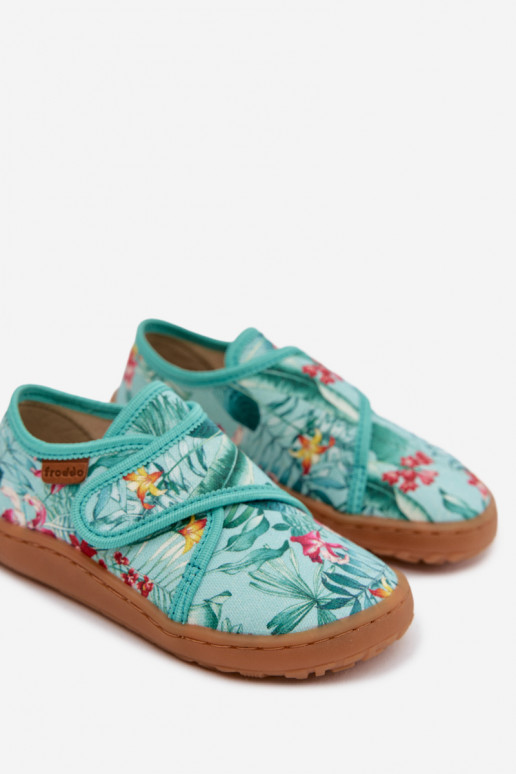 Chinelos Infantil com fixadores adesivos Barefoot com motivos florais Liście Froddo G1700438-14 cor menta