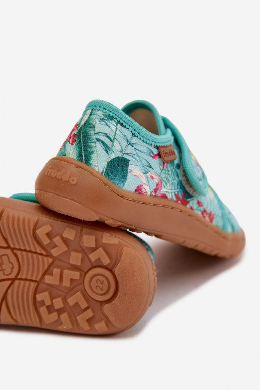 Chinelos Infantil com fixadores adesivos Barefoot com motivos florais Liście Froddo G1700438-14 cor menta