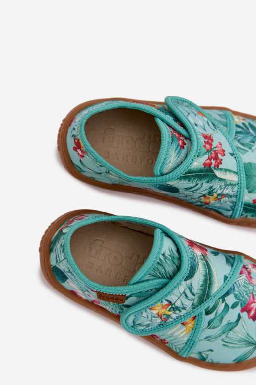 Chinelos Infantil com fixadores adesivos Barefoot com motivos florais Liście Froddo G1700438-14 cor menta
