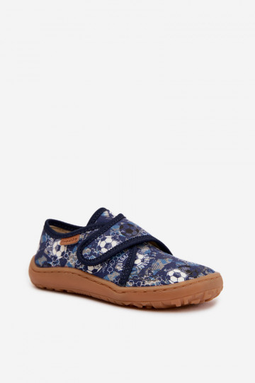 Chinelos infantis masculinos com fechos adesivos Barefoot com bolas Froddo G1700438-6 cor azul escuro