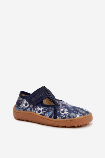 Chinelos infantis com fechos adesivos Barefoot com bolas Froddo Canvas G1700439-5 cor azul