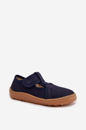 Chinelos infantis com fechos adesivos Barefoot Froddo Canvas G1700439 cor azul escuro