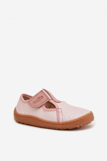 Chinelos infantis com fechos adesivos e brilho Barefoot Froddo Canvas G1700439-2 cor rosa