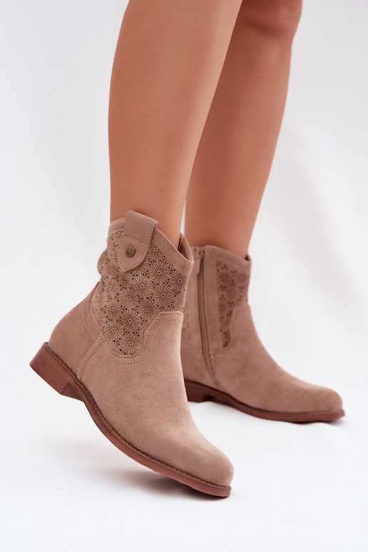 Botas femininas com salto largo com elementos abertos S.Barski HY61-8025 bege