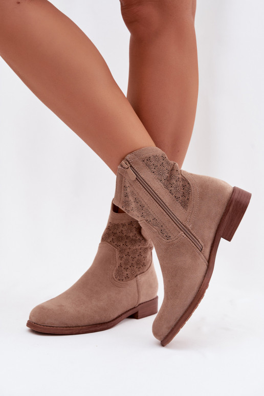 Botas femininas com salto largo com elementos abertos S.Barski HY61-8025 bege