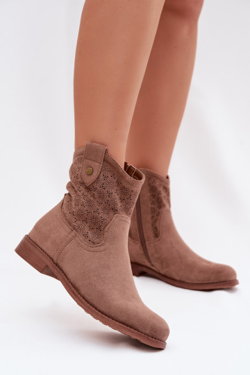 Botas femininas com saltos largos e elementos de renda S.Barski HY61-8025 cor marrom 2