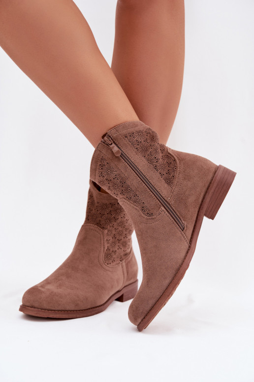 Botas femininas com salto largo com elementos abertos S.Barski HY61-8025 cor marrom