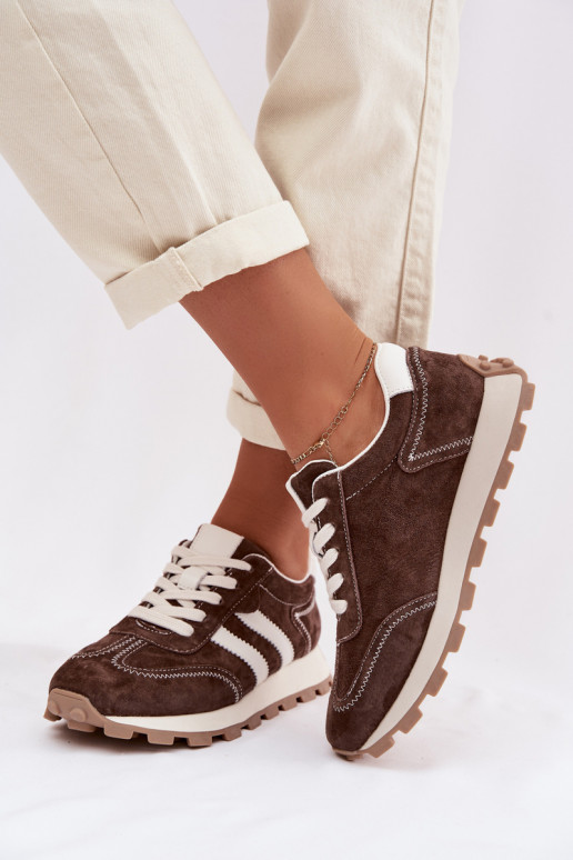 de camurça À modalo de tênis Feminino com uma plataforma S.Barski LR61-7097 CzekoladoParae