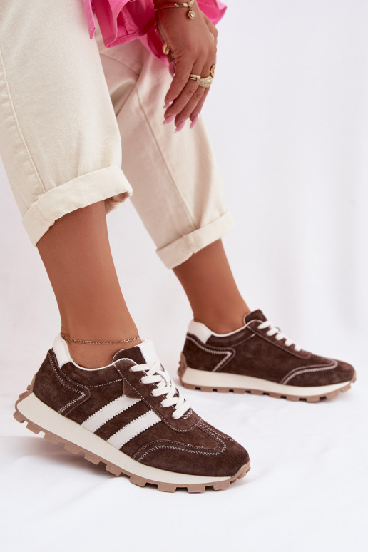 de camurça À modalo de tênis Feminino com uma plataforma S.Barski LR61-7097 CzekoladoParae