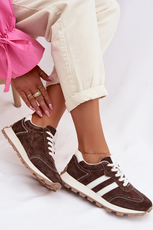 de camurça À modalo de tênis Feminino com uma plataforma S.Barski LR61-7097 CzekoladoParae