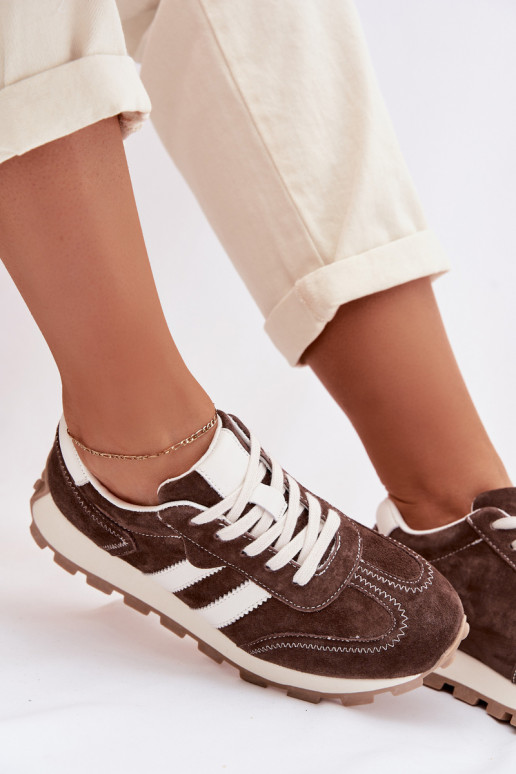 de camurça À modalo de tênis Feminino com uma plataforma S.Barski LR61-7097 CzekoladoParae