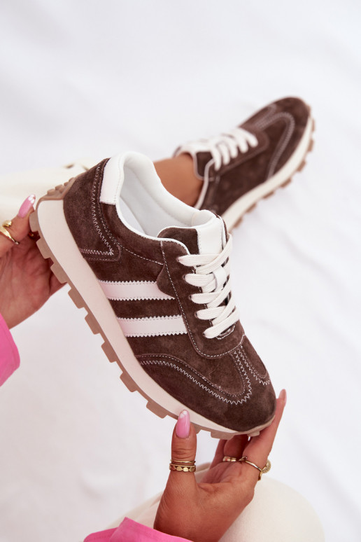 de camurça À modalo de tênis Feminino com uma plataforma S.Barski LR61-7097 CzekoladoParae