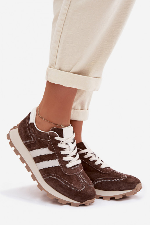 de camurça À modalo de tênis Feminino com uma plataforma S.Barski LR61-7097 CzekoladoParae