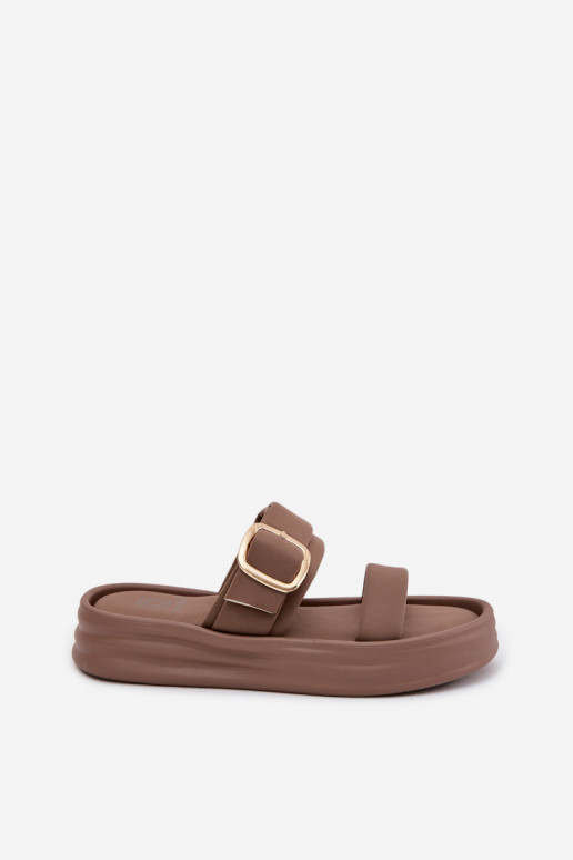  Chinelos femininos com uma plataforma com listras I Złotą com fivelas cor cáqui Ameliette