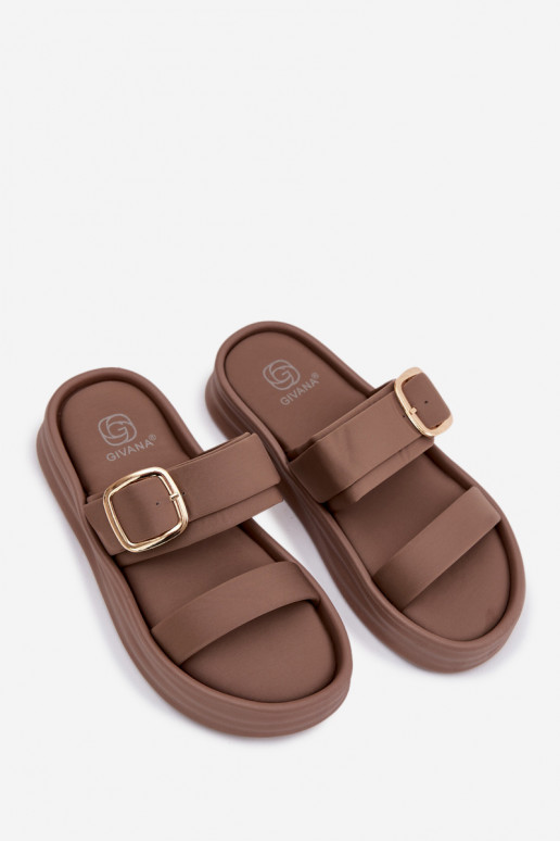  Chinelos femininos com uma plataforma com listras I Złotą com fivelas cor cáqui Ameliette