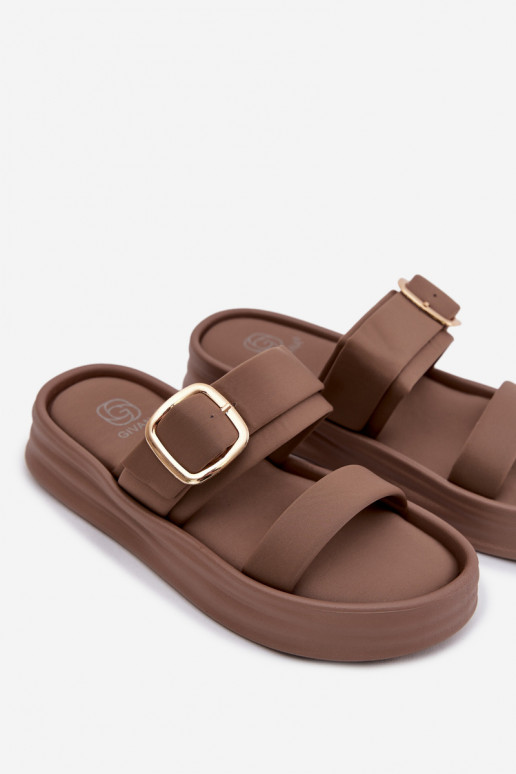  Chinelos femininos com uma plataforma com listras I Złotą com fivelas cor cáqui Ameliette