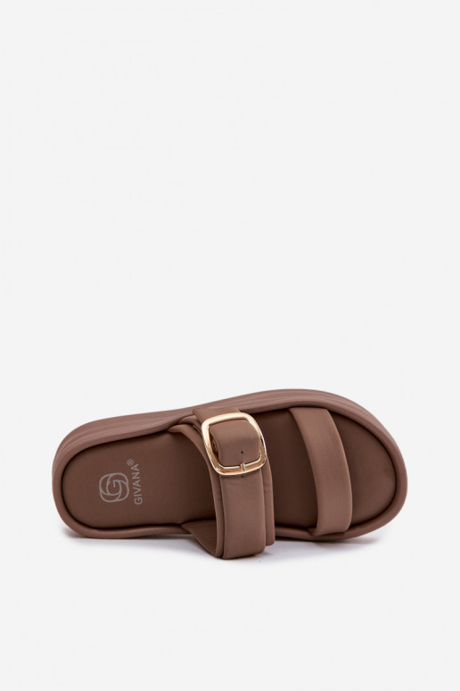  Chinelos femininos com uma plataforma com listras I Złotą com fivelas cor cáqui Ameliette