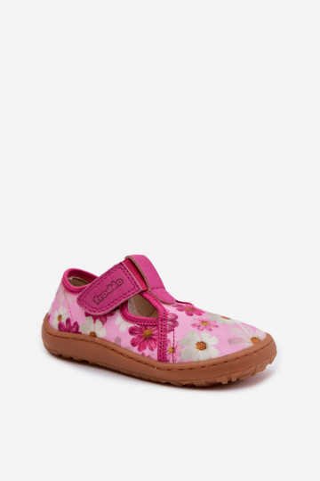 Chinelos Infantil com fixadores adesivos com flores Barefoot Froddo Cannvas G1700439-4 cor rosa