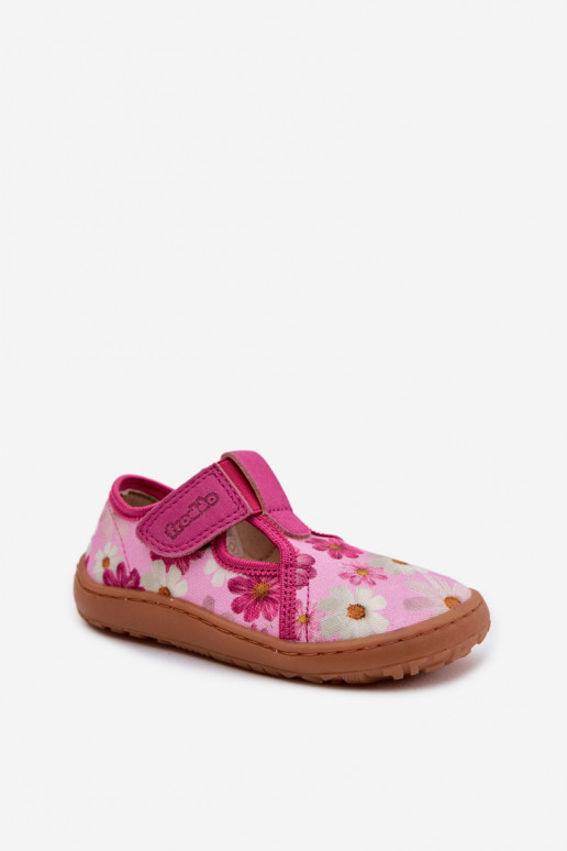 Chinelos Infantil com fixadores adesivos com flores Barefoot Froddo Cannvas G1700439-4 cor rosa