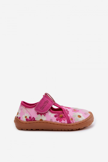 Chinelos infantis com fechos adesivos e flores Barefoot Frod 2