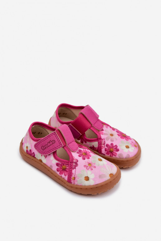 Chinelos Infantil com fixadores adesivos com flores Barefoot Froddo Cannvas G1700439-4 cor rosa