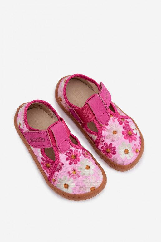 Chinelos Infantil com fixadores adesivos com flores Barefoot Froddo Cannvas G1700439-4 cor rosa