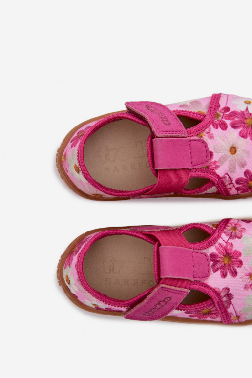 Chinelos Infantil com fixadores adesivos com flores Barefoot Froddo Cannvas G1700439-4 cor rosa