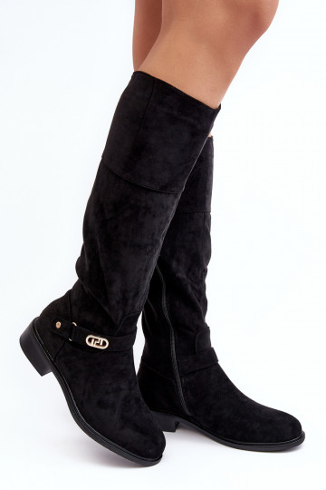 Botas de cano longo de camurça aquecidas com saltos largos S.Barski HY07-31 cor preta
