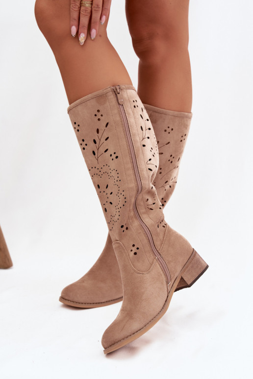 Botas femininas na cor caqui acima do joelho com elementos de renda Helinna