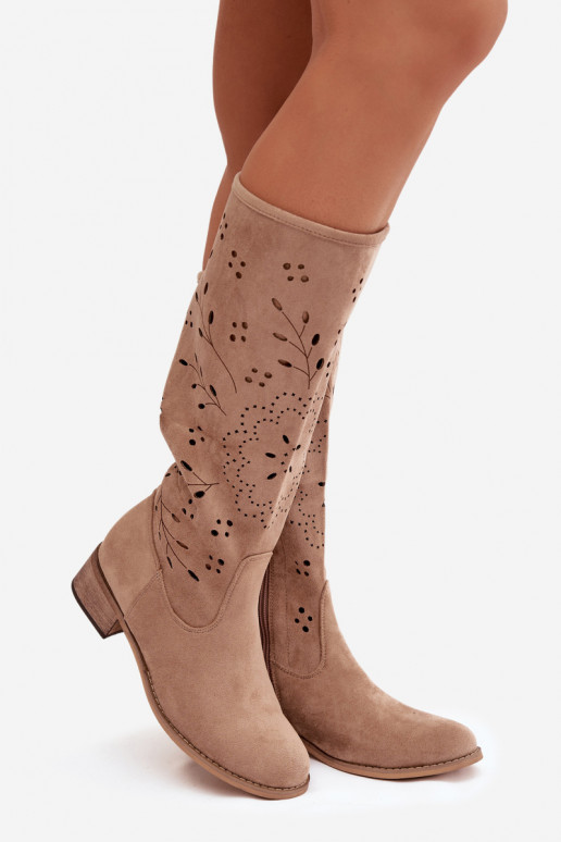 Botas femininas na cor caqui acima do joelho com elementos de renda Helinna