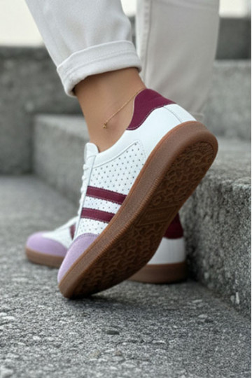 Tênis esportivos femininos em couro sintético com elementos vazados Zazoo N1318 na cor branco-roxo 2