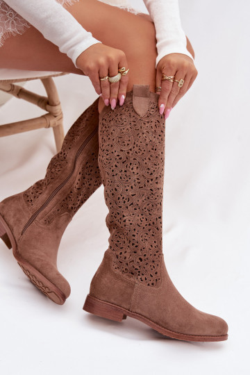 Botas femininas de cano alto com elementos de renda e saltos largos S.Barski HY61-8023, cor marrom