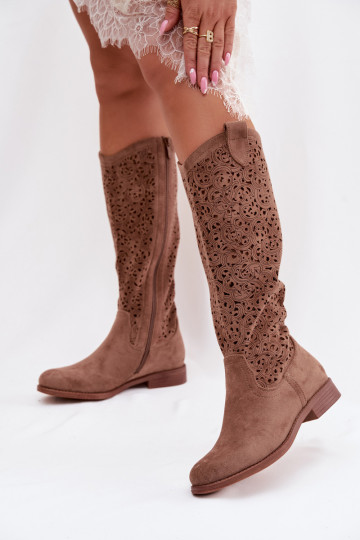 Botas femininas de cano alto com elementos de renda e saltos largos S.Barski HY61-8023, cor marrom 2