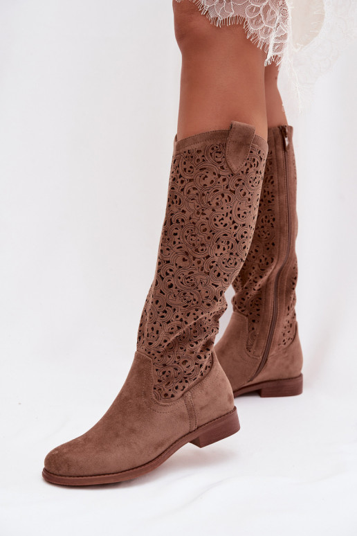 com elementos abertos botas femininas com salto largo S.Barski HY61-8023 cor marrom