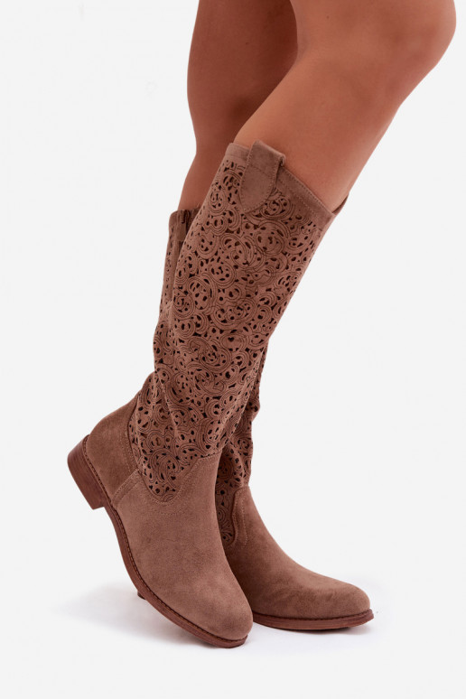 com elementos abertos botas femininas com salto largo S.Barski HY61-8023 cor marrom