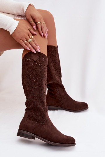 Botas femininas de cano alto com elementos de renda e saltos largos S.Barski HY61-8023, cor chocolate